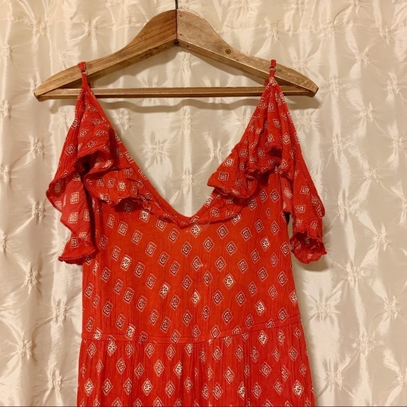Band of Gypsies Wrap Red Maxi Dress Polka Dot Cold Shoulder - Picture 6 of 13